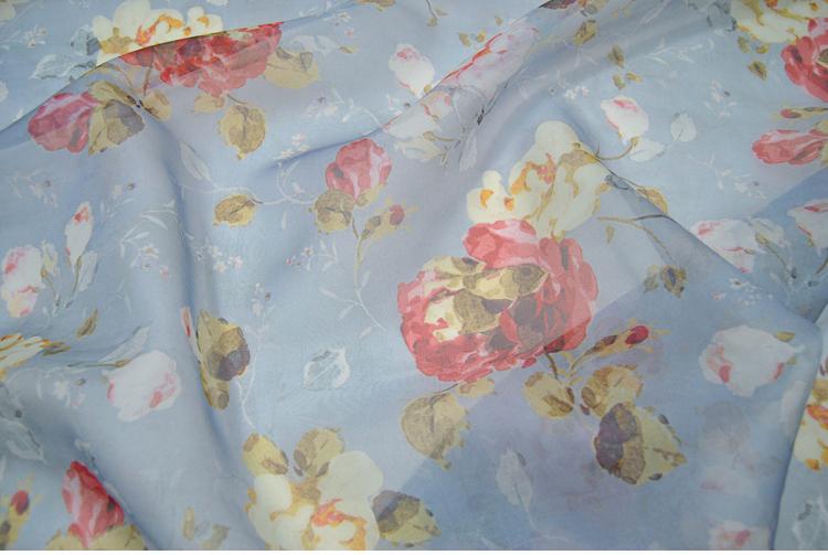 JFHOGH - 8 Momme Blue Silk Organza with Floral Print Silk Fabric - 138cm wide By the Yard