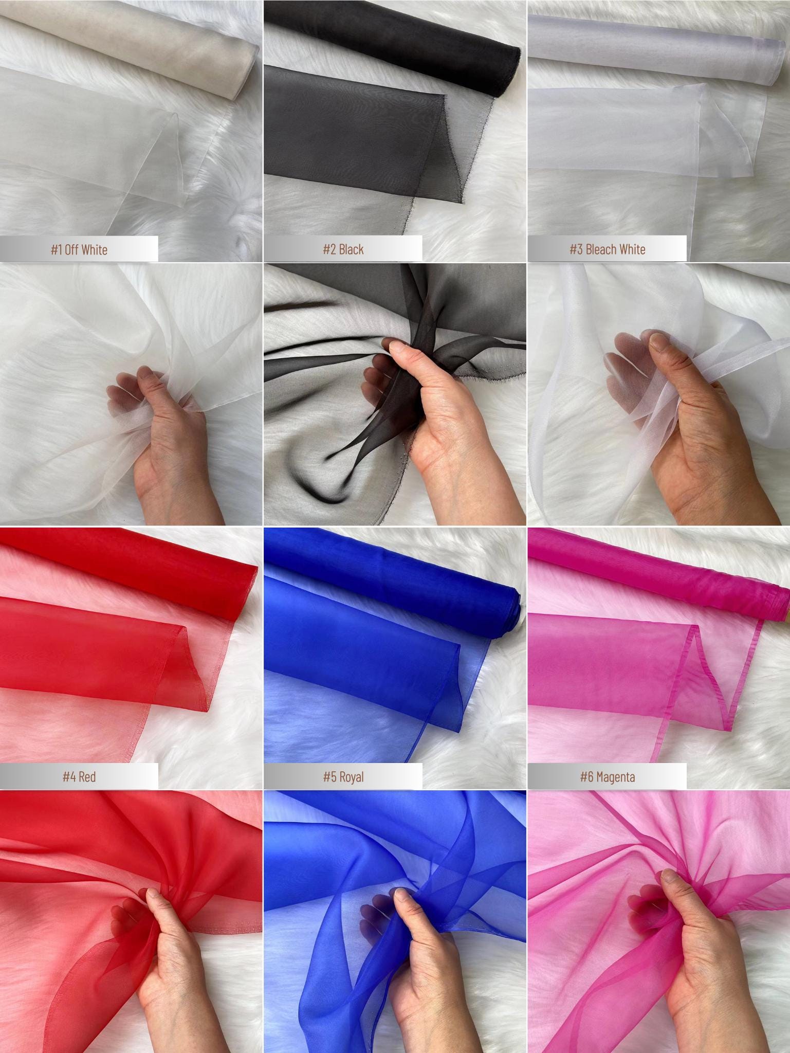 100% Silk Organza, 6 Momme 60 Solid Colors Silk Fabric, 140cm wide by the Yard or Meter