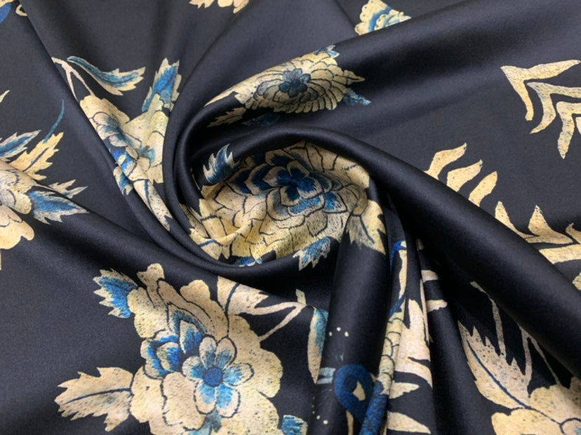 KOQHUA - 19 Momme Peacock Flowers Pattern Digital Print Stretch Silk Satin Fabric - 108cm wide by the Yard