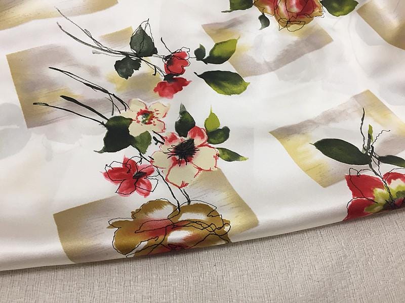 SZDGEZ- 16 Momme Watercolor Abstract Print Stretch  Charmeuse Silk Satin Fabric - 114cm wide by the Yard