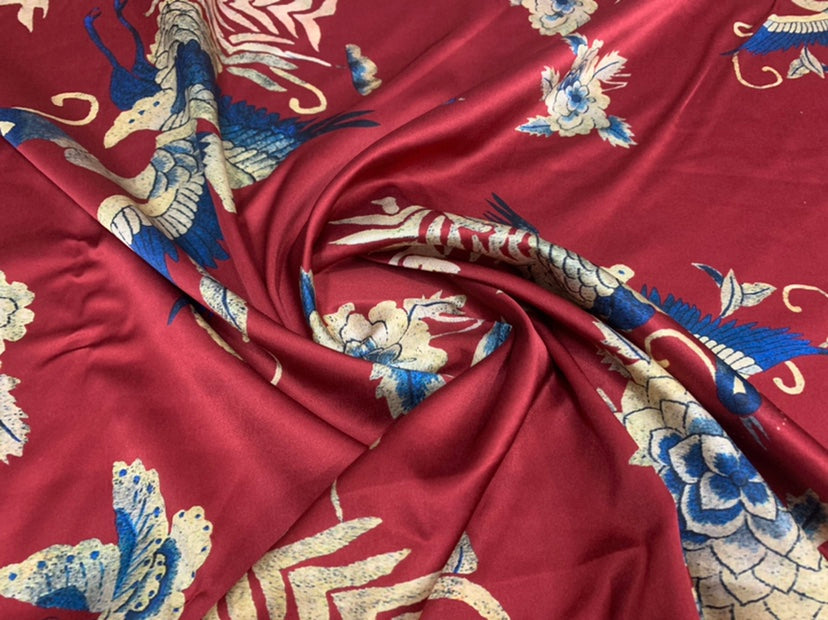 KOQHUA - 19 Momme Peacock Flowers Pattern Digital Print Stretch Silk Satin Fabric - 108cm wide by the Yard