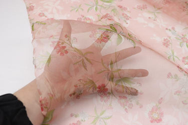 JFHOGT - 6 Momme Blue Silk Organza with Floral Print Silk Fabric - 137cm wide By the Yard