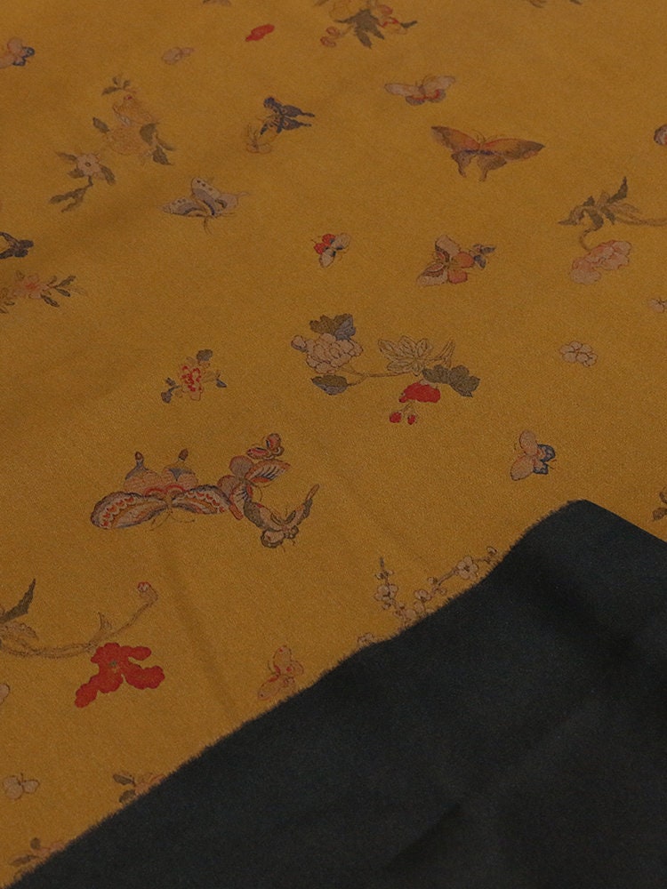 HUDH - 35 Momme Butterfly Flower Print Double-Sided Satin Mud Silk Fabric - 105cm wide by the Yard