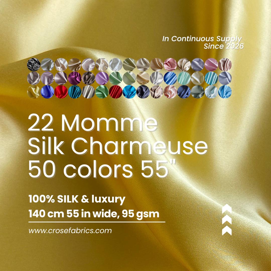 100% Silk Charmeuse, 22 Momme solid 50 colors, 140cm wide by the yard
