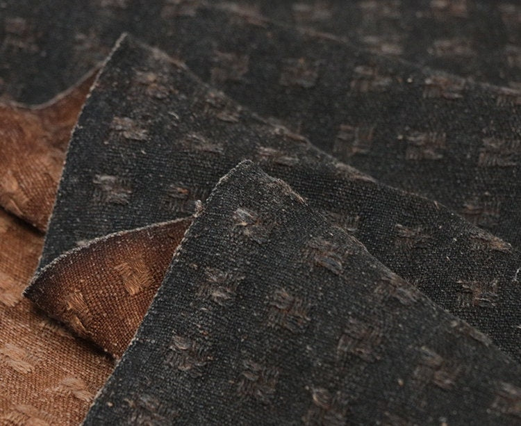 Special Checks - 50 Momme Handmade Coffee Brown Jacquard Tussah Mud Silk Fabric - 97cm wide by the Yard
