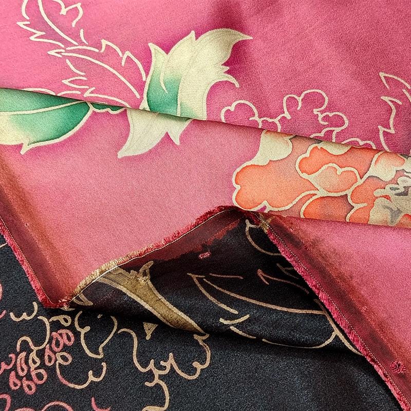 GYHDMD - Red Handmade 40 Momme Painted Peony Mud Silk Satin Fabric - 112cm By the Yard