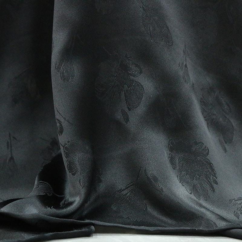 YUJIXA- Handmade 19 Momme Black Tulip Jacquard Silk Brocade Mulberry Silk Fabric - 135cm wide by the Yard