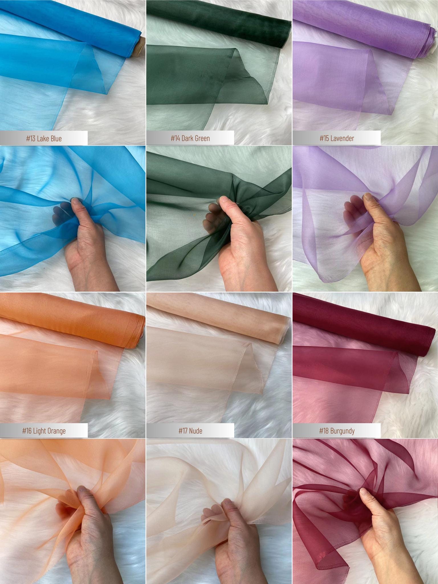 100% Silk Organza, 6 Momme 60 Solid Colors Silk Fabric, 140cm wide by the Yard or Meter