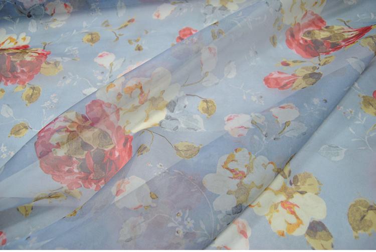 JFHOGH - 8 Momme Blue Silk Organza with Floral Print Silk Fabric - 138cm wide By the Yard