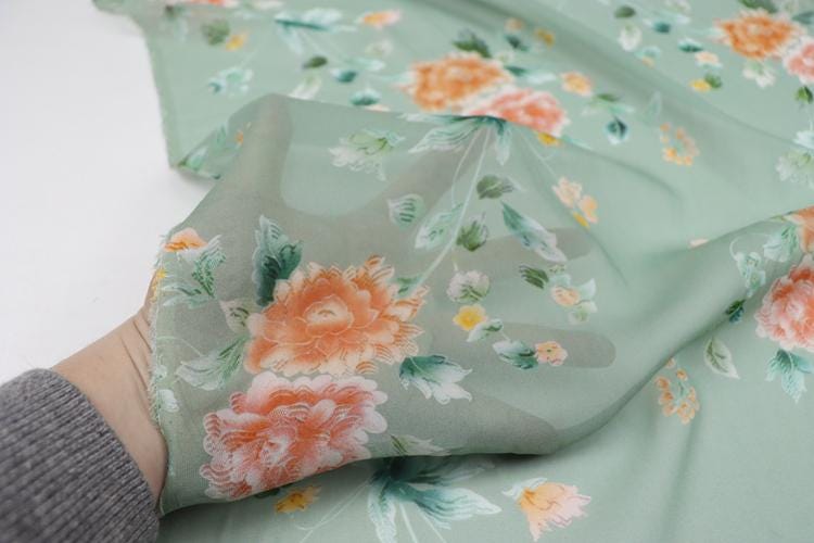 JFHLDH - 9 Momme Green-based Floral Print Silk Georgette Fabric - 137cm wide by the Yard