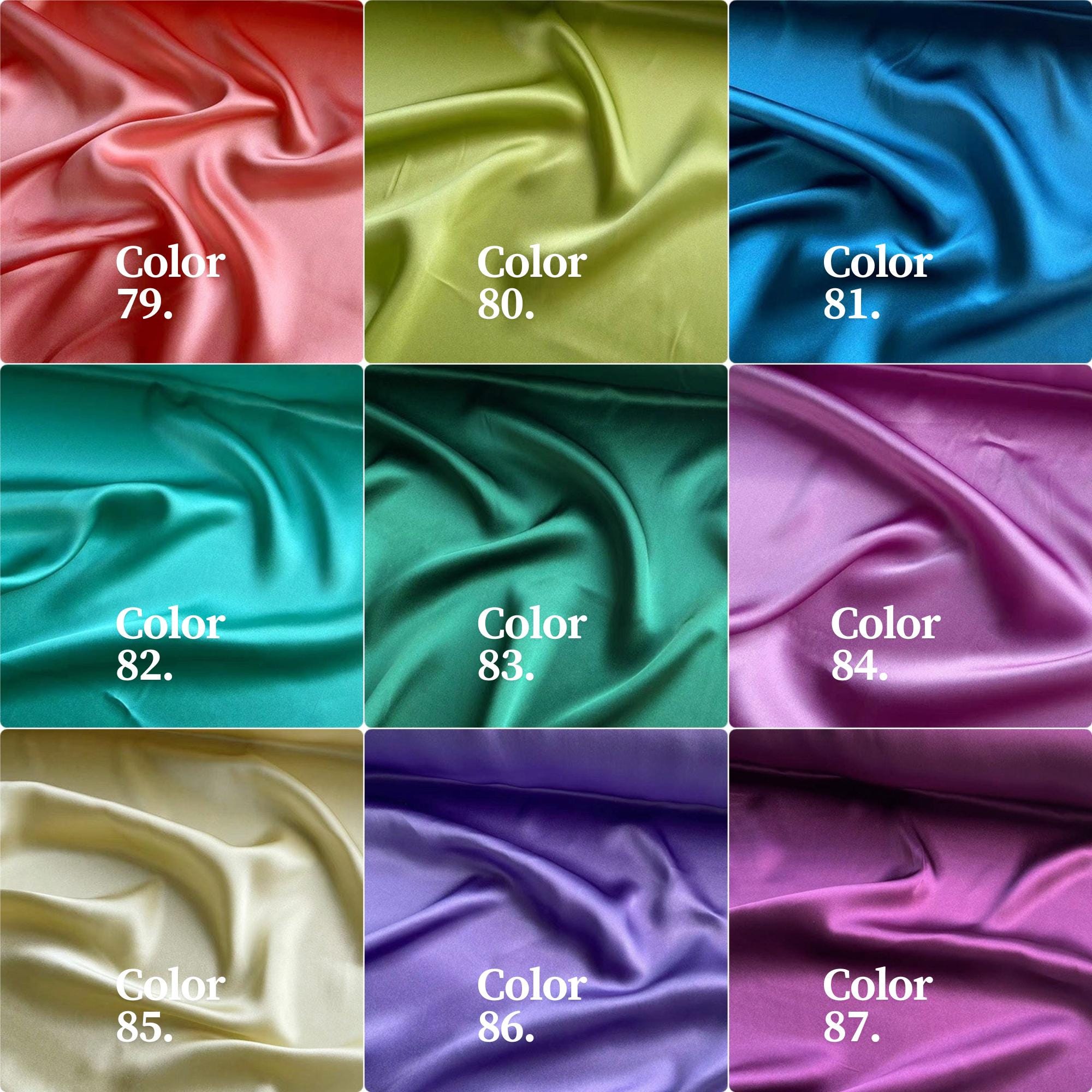 100% Silk Charmeuse, 16 Momme solid 120 colors 61-120, 114cm wide by the yard