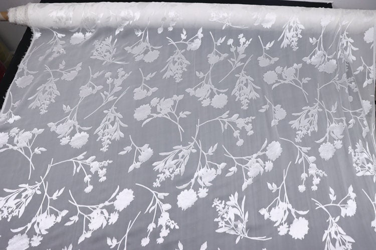 XLUZHI - 10 Momme White Flowers Sheer Burnout Silk Devore Satin Fabric - 140cm wide by the Yard