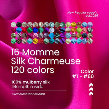100% Silk Charmeuse, 16 Momme solid 120 colors 114cm wide by the yard 1-60 color