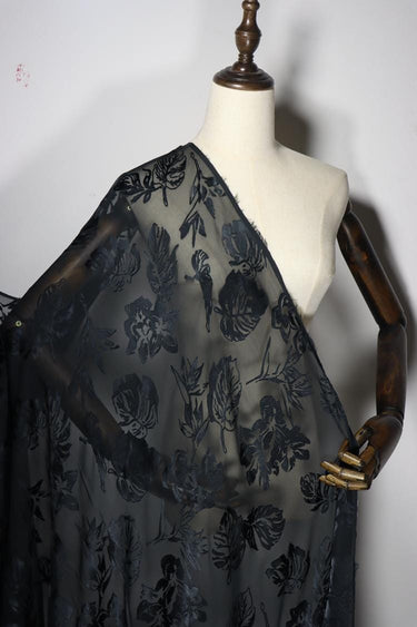 SHUYE - Black Leaves Print Sheer Burnout Silk Devore Satin Fabric - 140cm wide by the Yard