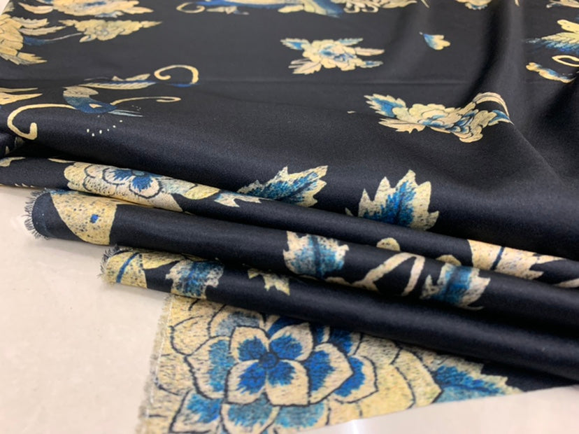 KOQHUA - 19 Momme Peacock Flowers Pattern Digital Print Stretch Silk Satin Fabric - 108cm wide by the Yard