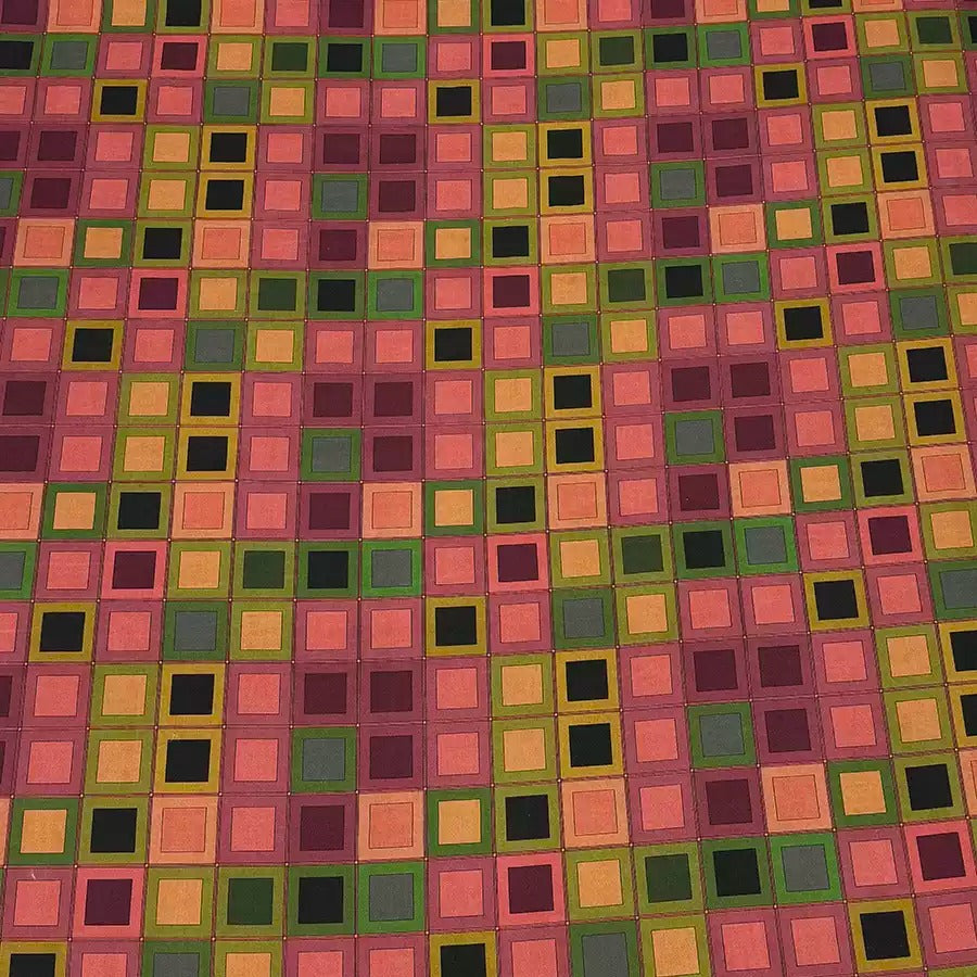 a vibrant and colorful pattern composed of numerous small square tiles in various shades of pink, green, yellow, and black.