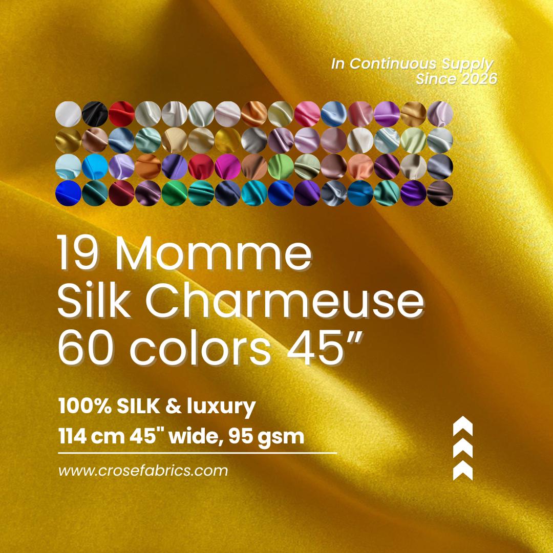 100% Silk Charmeuse, 19 Momme solid 60 colors, 114cm wide by the yard