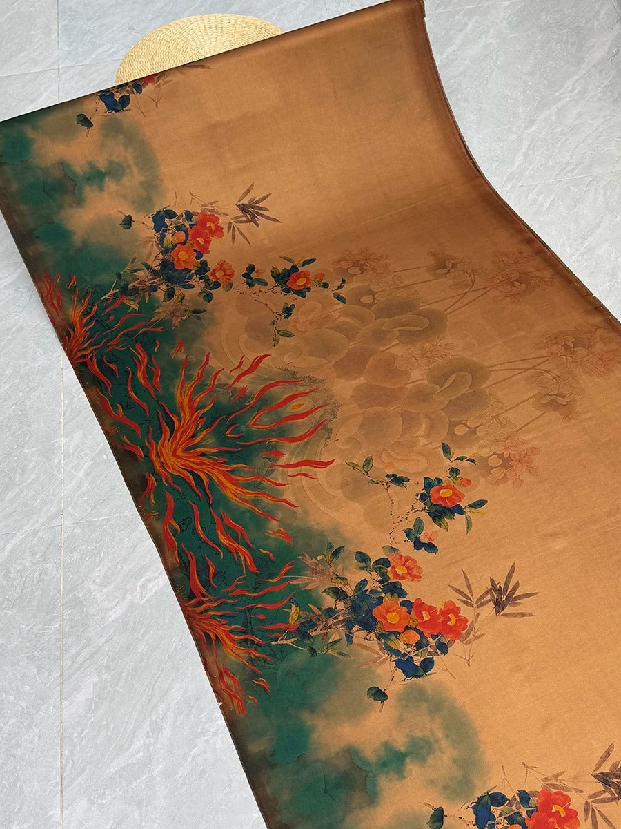a vibrant, floral-patterned fabric with a mix of green, orange, and red colors, creating a visually striking design.