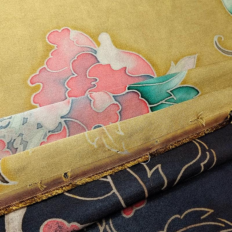 GYJDMD - Yellow Handmade 40 Momme Painted Peony Mud Silk Satin Fabric - 112cm By the Yard