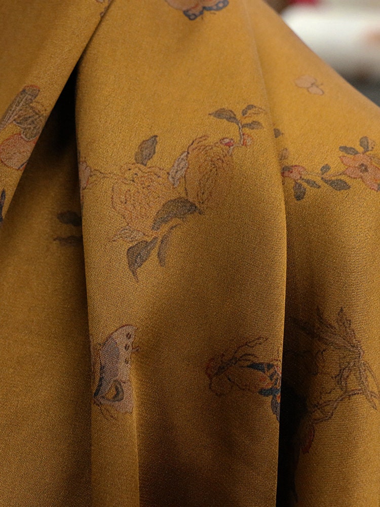 HUDH - 35 Momme Butterfly Flower Print Double-Sided Satin Mud Silk Fabric - 105cm wide by the Yard