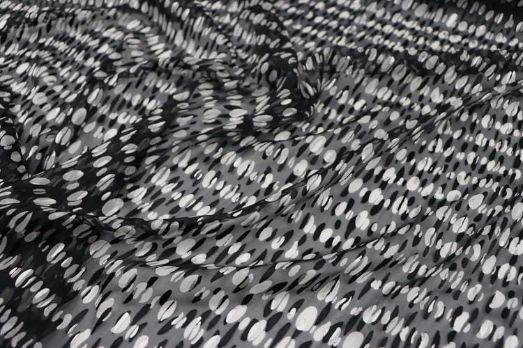 a close-up view of a fabric with a black and white polka dot pattern. The fabric appears to be made of sheer material, with a crumpled texture that gives it a soft and delicate appearance. The pattern consists of numerous small white dots arranged in a repeating pattern across the fabric, creating a visually striking and intricate design.