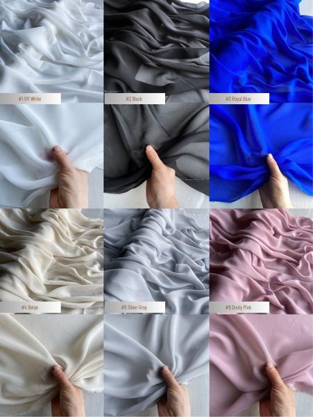 12 momme silk georgette colors 1-6: Off White, Black, Royal Blue, Beige, Silver Gray, Dusty Pink