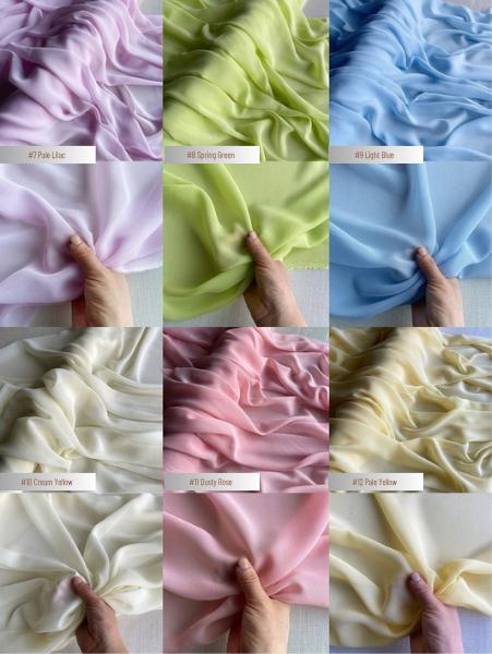 12 momme silk georgette, colors 7-12: Pale Lilac, Spring Green, Light Blue, Cream Yellow, Dusty Rose, Pale Yellow