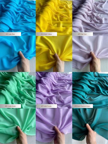 12 momme 100% mulberry silk georgette - color chart 13-18, with drape and transparency views