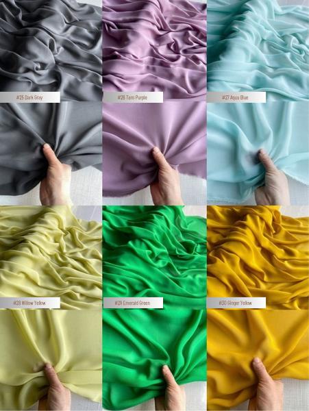12 momme 100% mulberry silk georgette - color chart 25-30, with drape and transparency views