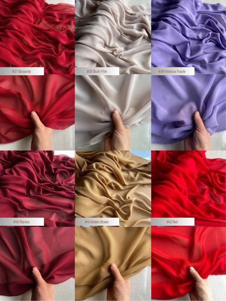 12 momme 100% mulberry silk georgette - color chart 37-42, with drape and transparency views