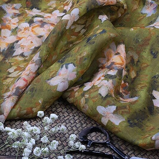 Olive Painted Blossom printed 100-count ramie fabric #Color_Olive Painted Blossom