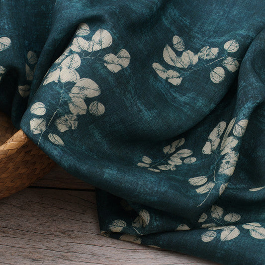 Teal Leaves printed 42-count ramie fabric #Color_Teal Leaves
