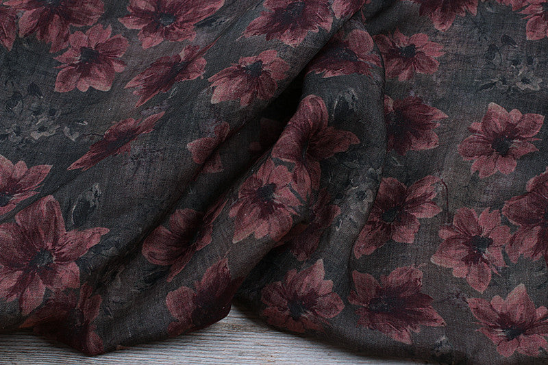 Grey Plum Floral printed 42-count ramie fabric #Color_Grey Plum Floral