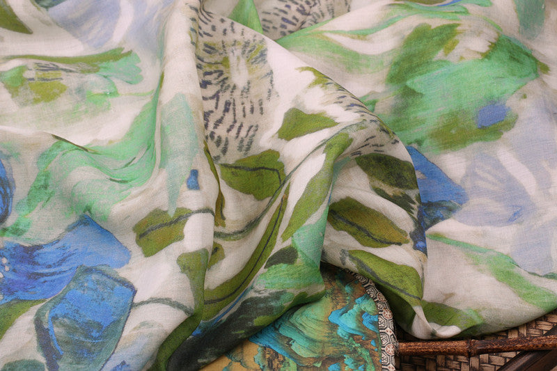 Blue Green Floral printed 42-count ramie fabric #Color_Blue Green Floral