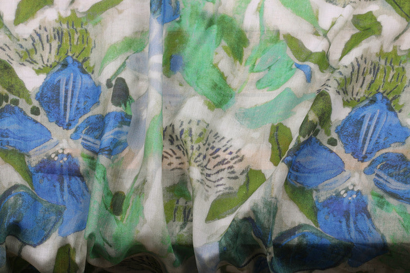 Blue Green Floral printed 42-count ramie fabric #Color_Blue Green Floral