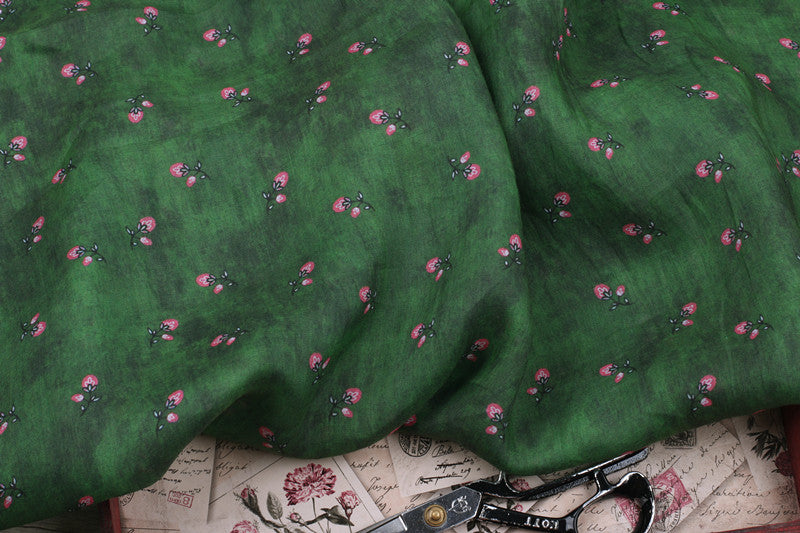 Green Rosebud printed 42-count ramie fabric #Color_Green Rosebud