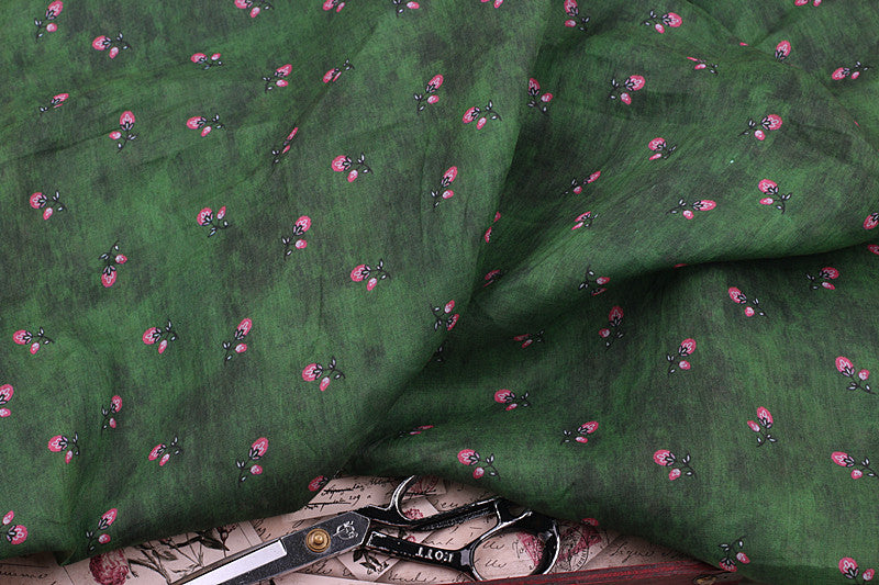 Green Rosebud printed 42-count ramie fabric #Color_Green Rosebud