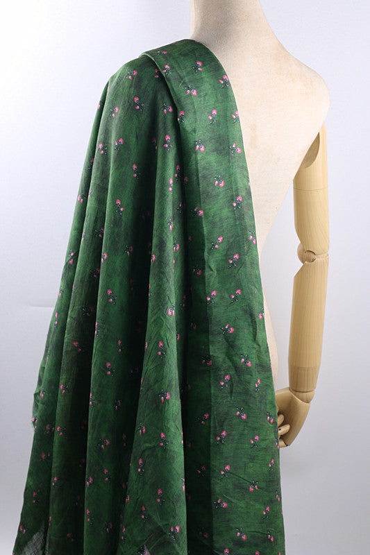 Green Rosebud printed 42-count ramie fabric #Color_Green Rosebud