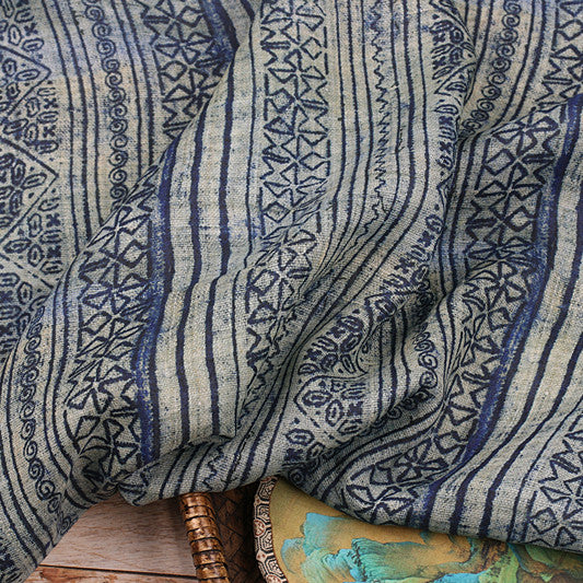 Navy Folk Stripes printed 42-count ramie fabric #Color_Navy Folk Stripes