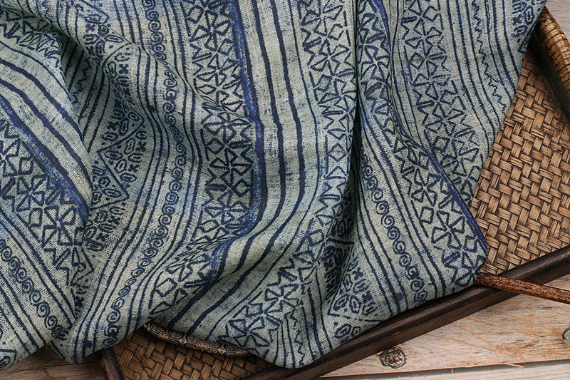 Navy Folk Stripes printed 42-count ramie fabric #Color_Navy Folk Stripes