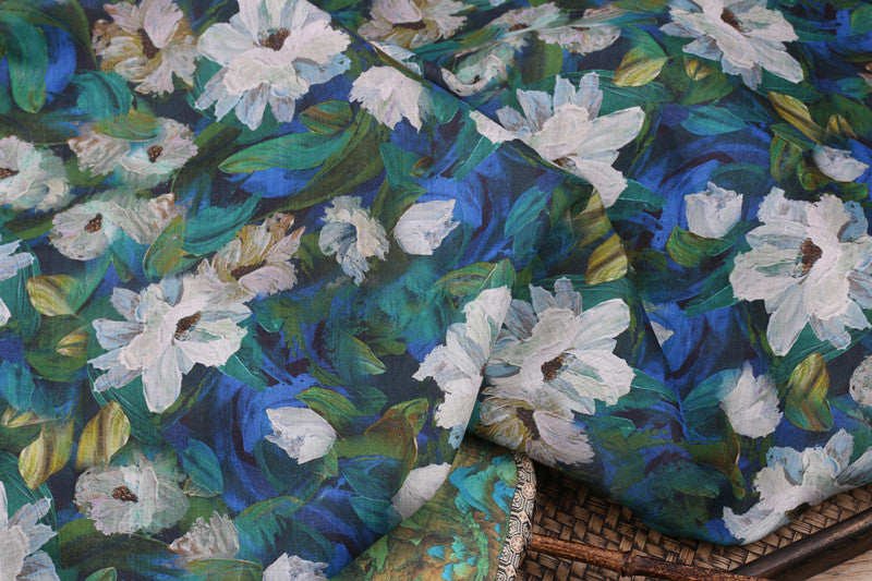 Blue Painted Blossom printed 42-count ramie fabric #Color_Blue Painted Blossom