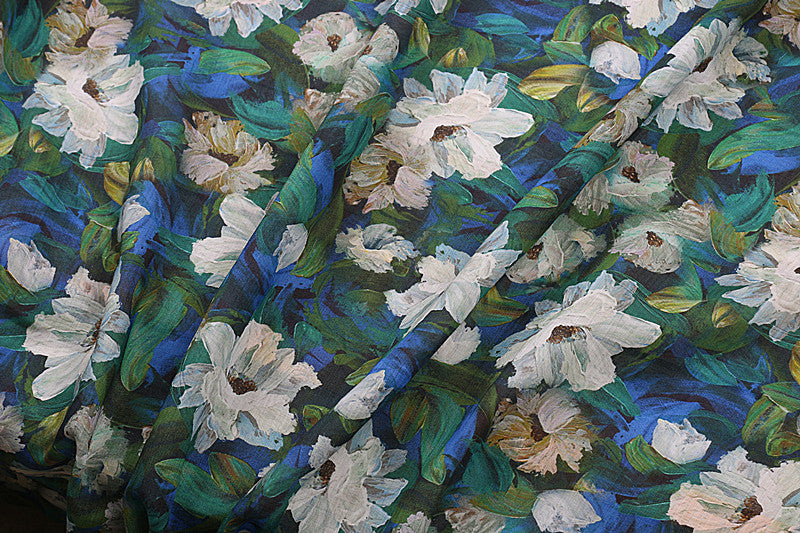 Blue Painted Blossom printed 42-count ramie fabric #Color_Blue Painted Blossom