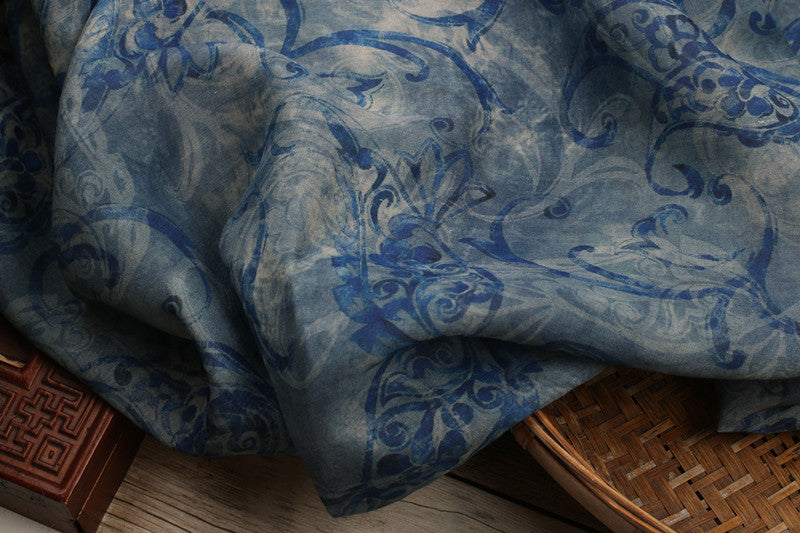 Pale Blue Scroll printed 42-count ramie fabric #Color_Pale Blue Scroll