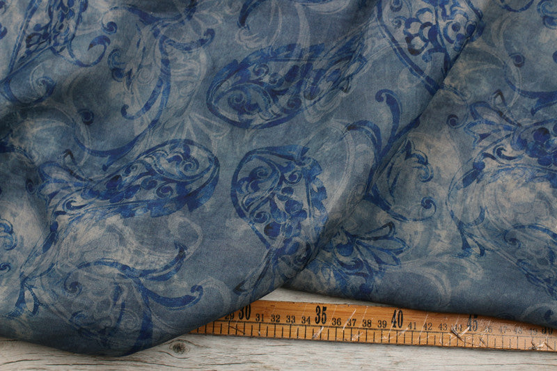 Pale Blue Scroll printed 42-count ramie fabric #Color_Pale Blue Scroll