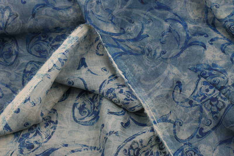 Pale Blue Scroll printed 42-count ramie fabric #Color_Pale Blue Scroll