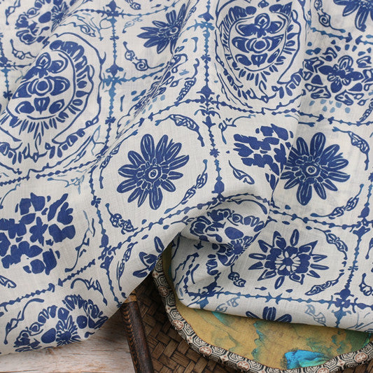 Blue Porcelain printed 42-count ramie fabric #Color_Blue Porcelain