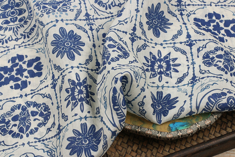 Blue Porcelain printed 42-count ramie fabric #Color_Blue Porcelain