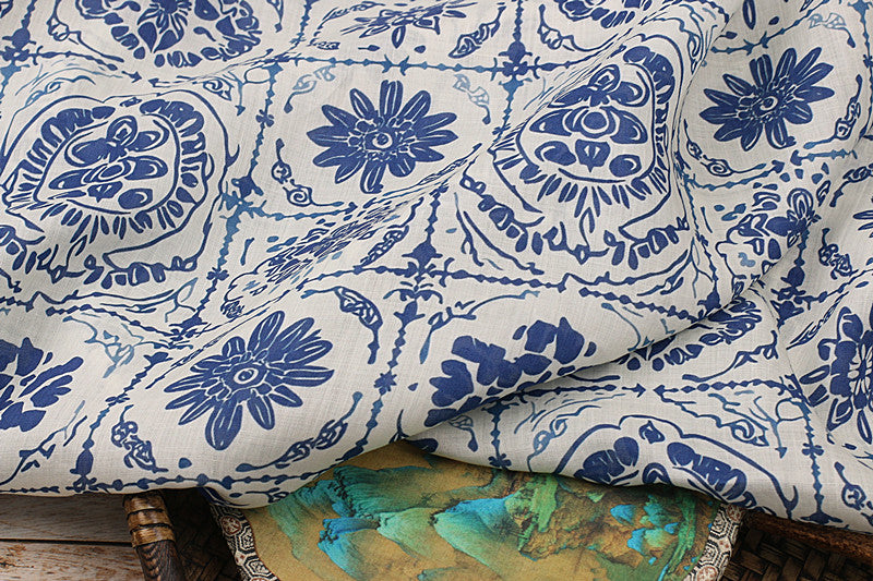 Blue Porcelain printed 42-count ramie fabric #Color_Blue Porcelain