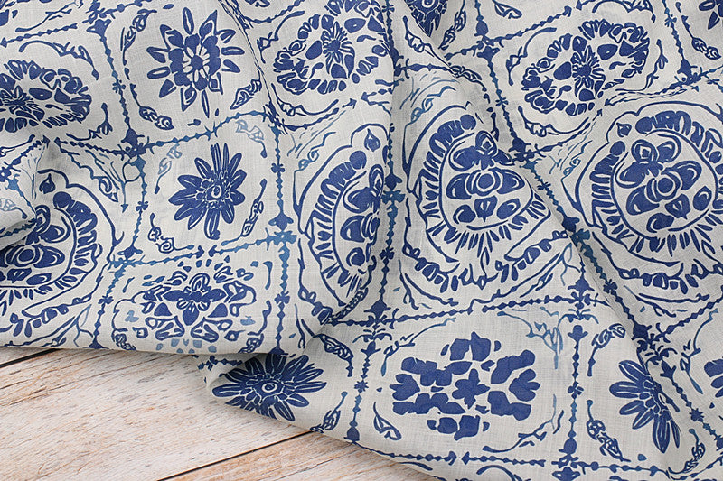 Blue Porcelain printed 42-count ramie fabric #Color_Blue Porcelain