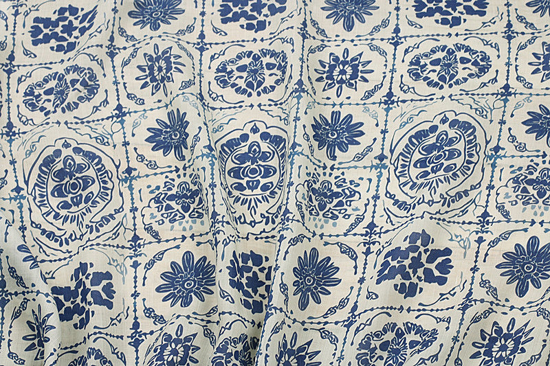 Blue Porcelain printed 42-count ramie fabric #Color_Blue Porcelain
